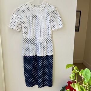 Vintage 70s Dress Eber lace eyelet Peter Pan collar polka dot navy blue white XS